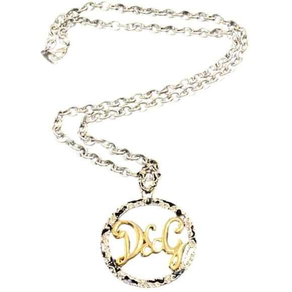 Vintage Dolce & Cabbana Two Tone Crystal Logo Circle Pendent Necklace - Picture 4 of 8